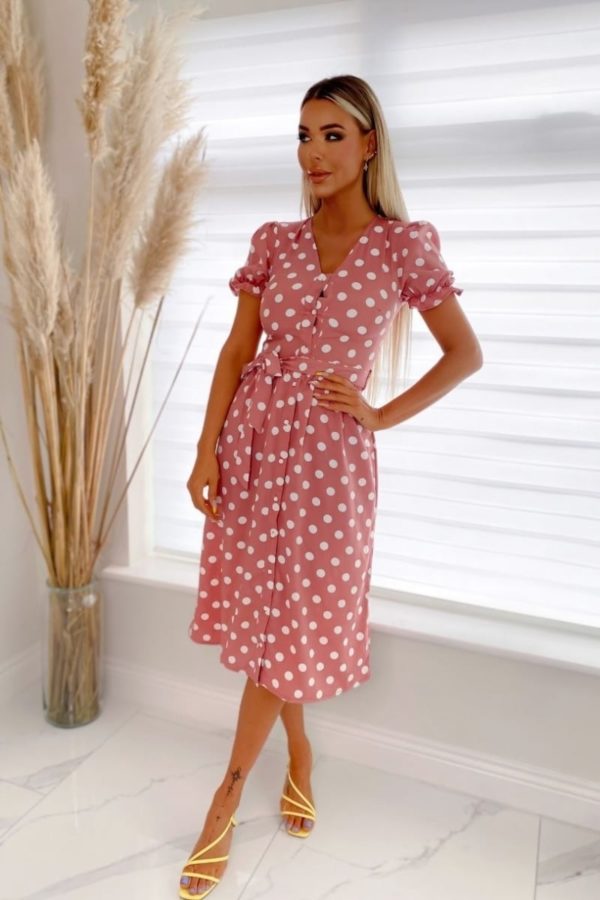 pink white puff sleeve polka dot belted midi dress p10106 1258499 image 1
