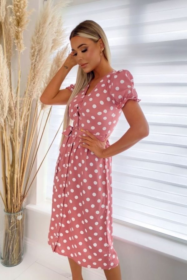 pink white puff sleeve polka dot belted midi dress p10106 1258526 image