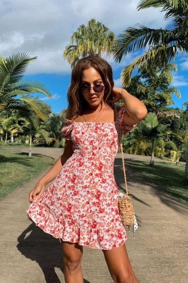 white pink puff sleeve shirred bodice floral mini dress p10116 1273907 image