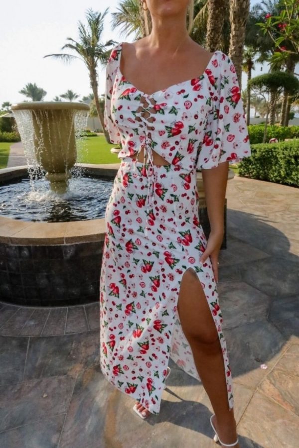 white red fruit print cut out waist thigh split maxi dress p10102 1258699 image