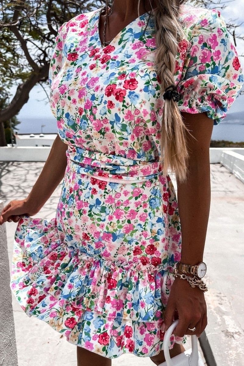 pink blue floral v neck puff sleeve tiered dress p10189 1283475 image