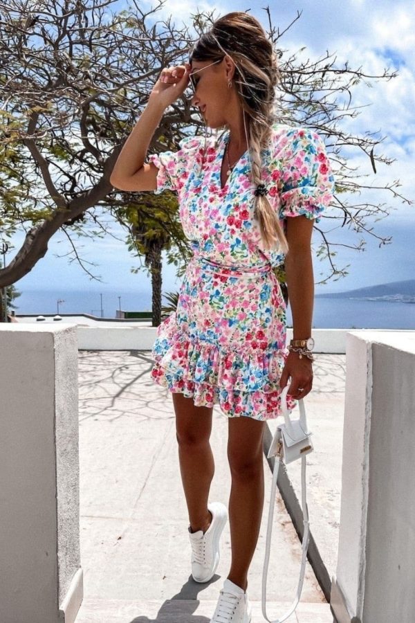 pink blue floral v neck puff sleeve tiered dress p10189 1283477 image