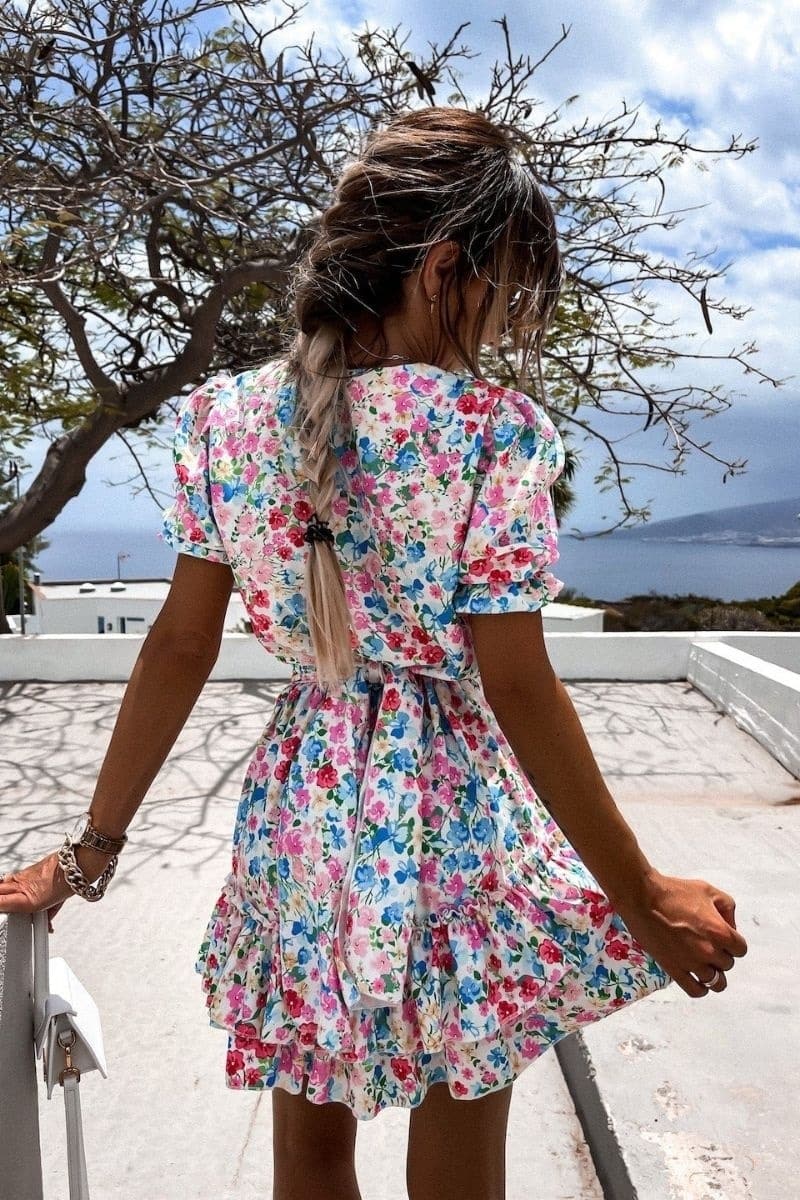 pink blue floral v neck puff sleeve tiered dress p10189 1283480 image