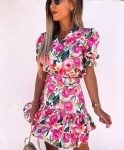 pink green floral v neck puff sleeve tiered dress p10188 1283987 thumbmini